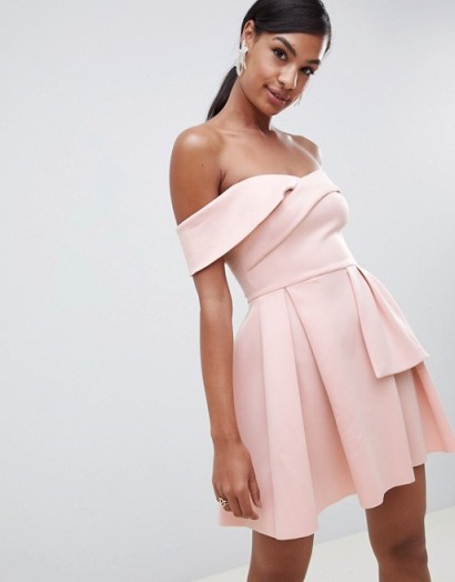 ASOS DESIGN Bardot Fold Wrap Front Mini Skater Dress in Peony pink – off the shoulder party wear