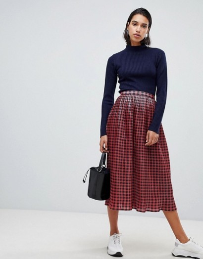 ASOS DESIGN check lurex pleat midi skirt in red | retro fashion