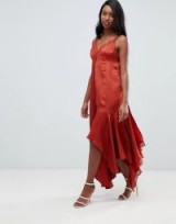 ASOS DESIGN Tall satin midaxi slip dress with lace trim in rust | handkerchief hem