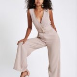 River Island Beige wide leg belted jumpsuit – sleeveless plunge front jumpsuits