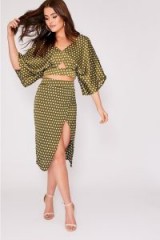 BINKY GREEN POLKA DOT SATIN THIGH SPLIT SKIRT | high slit skirts