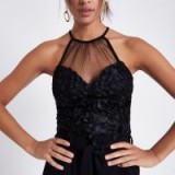 RIVER ISLAND Black leaf lace mesh insert bralet – strappy cross back top