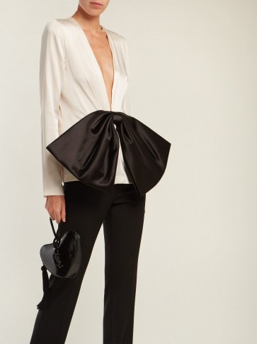 GIVENCHY Bow-front V-neck ivory satin blouse ~ deep plunging style statement top