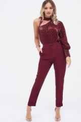 LAVISH ALICE burgundy sequin one sleeve choker bodysuit – sparkling party top