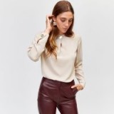 WAREHOUSE BUTTON NECK TOP Mink / chic collarless blouse / modern fashion staple