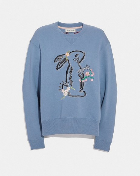 COACH x Selena Bunny Sweatshirt DUSTY BLUE | cute rabbit embroidered top