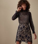 REISS ELIE LACE OVERLAY SLIM FIT DRESS NAVY/NUDE ~ feminine style clothing