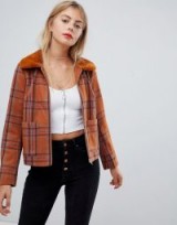 Emory Park zip jacket with faux fur collar in vintage tartan in rust