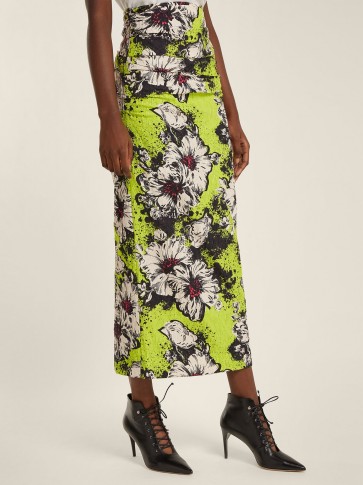 MIU MIU Floral-print lime-green silk-blend cloqué pencil skirt ~ bold floral prints