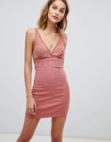 Free People Kiera lace bodycon dress in rose – plunge front neckline