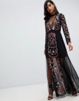 Frock And Frill all over embroidered maxi dress in black multi – semi sheer party wear