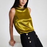 RIVER ISLAND Green satin high neck top – slinky sleeveless blouse