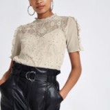 RIVER ISLAND Grey lace beaded high neck top – romantic style fashion