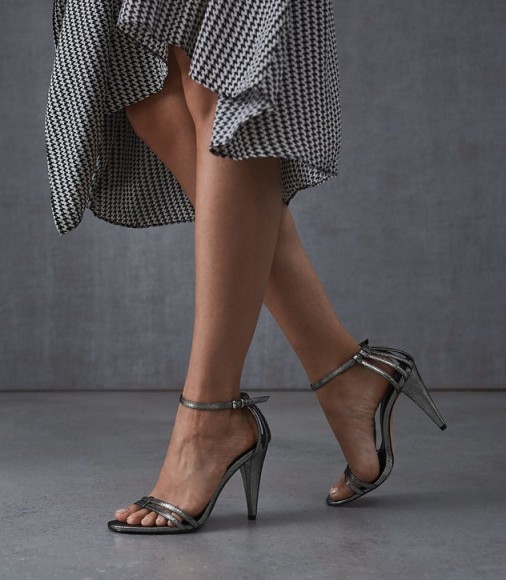 REISS ILSA METALLIC METALLIC OPEN TOE SANDALS ~ strappy cone heel shoes