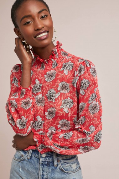 Meadow Rue Innisfree Floral Blouse Bright Red ~ feminine frill trimmed top