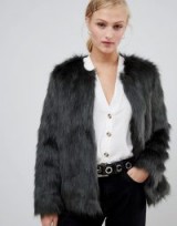 JDY faux fur coat in scarab ~ fluffy collarless jacket