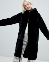 Monki faux fur zip hooded coat in black / luxe style funnel neck coat