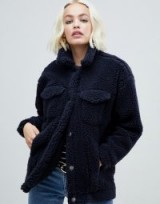 Monki teddy trucker jacket in navy