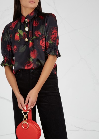 MOTHER OF PEARL Petra rose-print silk satin blouse black ~ feminine blouses ~ raglan sleeves ~ fluted cuffs