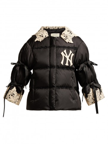 GUCCI NY Yankees-appliquéd black padded jacket ~ lace trim