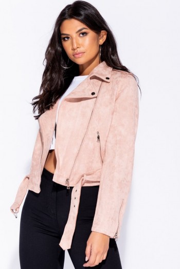 PARISIAN PINK FAUX SUEDE SELF BELT BIKER JACKET | casual autumn style