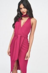 LAVISH ALICE ponte choker neck wrap midi dress in magenta