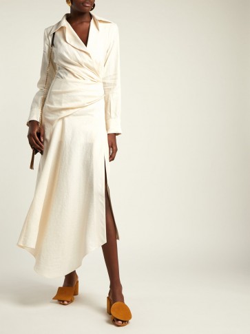 JACQUEMUS Sabah ruched cream linen-blend midi dress ~ asymmetric hemline ~ contemporary look