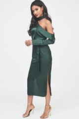 LAVISH ALICE satin choker neck off the shoulder midi shirt dress in forest green – luxe partywear