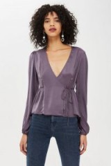 TOPSHOP Satin Wrap Blouse in Gunmetal ~ plunge front side tie top