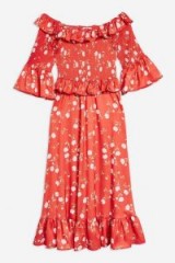 TOPSHOP Red Shirred Floral Print Bardot Dress / boho off shoulder