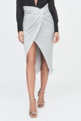 LAVISH ALICE silver iridescent sequin twisted front skirt – luxe ruched party skirt