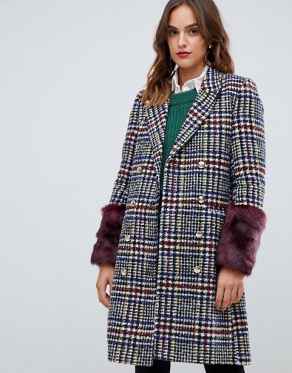 Y.A.S heritage fur trimmed coat / checks & fluffy cuffs