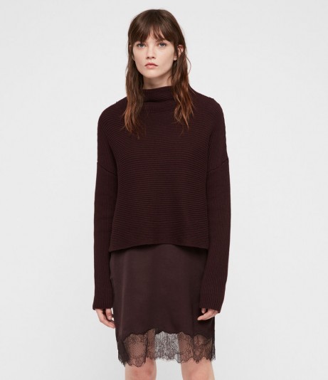 ALLSAINTS ELOISE FUNNEL NECK DRESS in Burgundy Red | knitted jumper overlay slip dress