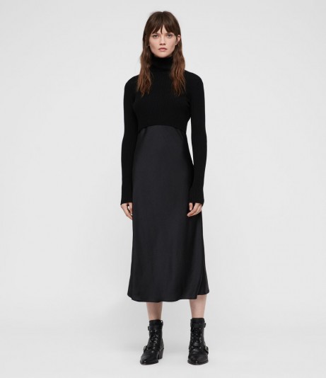 ALLSAINTS KOWLO ROLL NECK DRESS in Black | detachable crop knit & slip dress