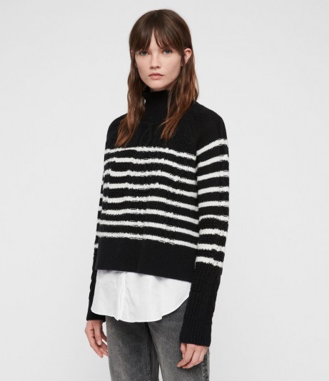 ALLSAINTS MARI ROLL NECK JUMPER in Black/Chalk White | striped shirt panel sweater