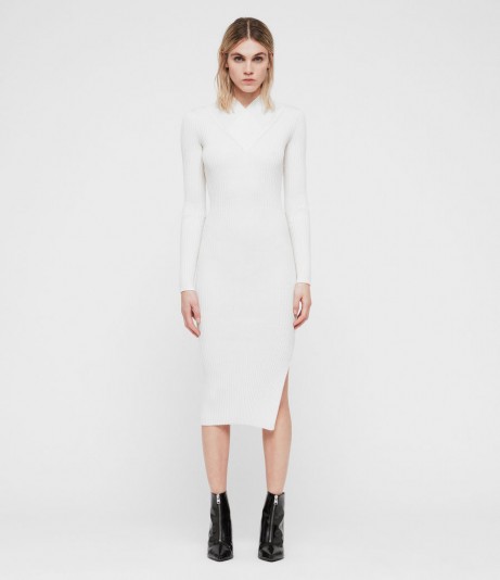 ALLSAINTS VRIES DRESS in Chalk White | chic side slit sweater dress