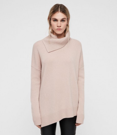 ALLSAINTS WITBY ROLL NECK JUMPER in Whisper Pink | asymmetric knitwear