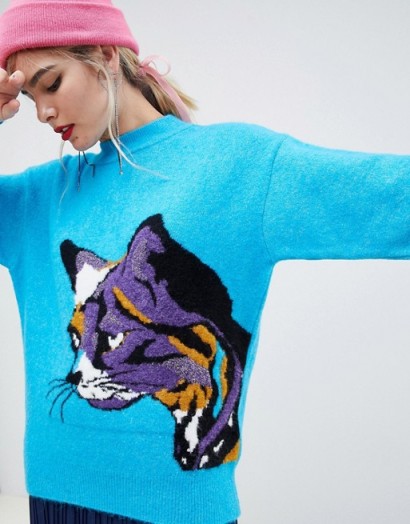 ASOS DESIGN jumper with wild cat design in blue | animal knitwear