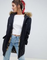 ASOS DESIGN parka with leopard faux fur lining in black