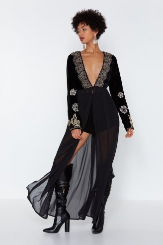 NASTY GAL Bead ‘Em and Weep Longline Dress in Black – sheer plunging party fashion