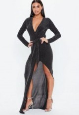 MISSGUIDED black glitter wrap split maxi dress – long plunge front party dresses