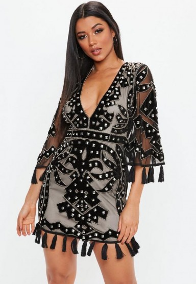 MISSGUIDED black premium plunge kimono stud embellished mini dress – tasseled party fashion