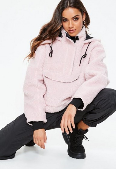 MISSGUIDED blush crop overhead borg jacket – soft pink hoodie