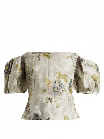 BROCK COLLECTION Boie Itoh light-blue peony-print silk-jacquard corset top ~ feminine off shoulder event wear