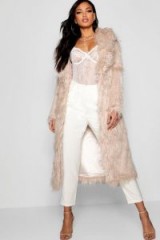 boohoo Boutique Mongolian Maxi Faux Fur Coat in Natural | longline shaggy winter coats