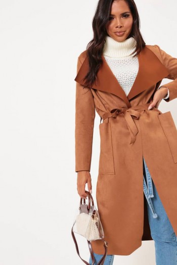 I SAW IT FIRST Brown Suede Waterfall Jacket – wrap tie waist coats