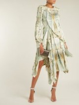 ALEXANDER MCQUEEN Butterfly-print silk-satin asymmetric midi dress ~ statement event wear