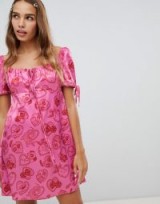 Cli Cli By Clio Peppiatt square neck mini dress in heart print in pink – retro printed dresses