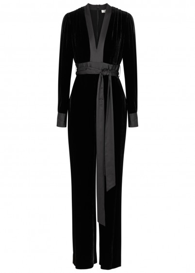 DIANE VON FURSTENBERG Satin-trimmed black velvet jumpsuit ~ luxe evening wear