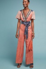 Akemi + Kin Emmy Embroidered-Wrap Jumpsuit ~ metallic-effect floral print